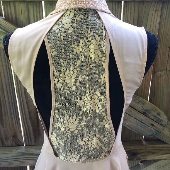 A.Maglia Tan Sleeveless Peplum Blouse with Sequin Collar & Lace Panel in Back - Picture 4 of 8